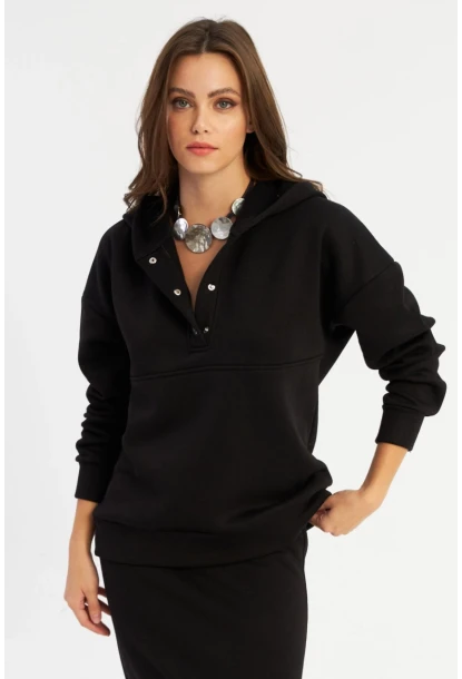 Kadın Siyah Kapüşonlu Çıtçıtlı Sweatshirt TF22