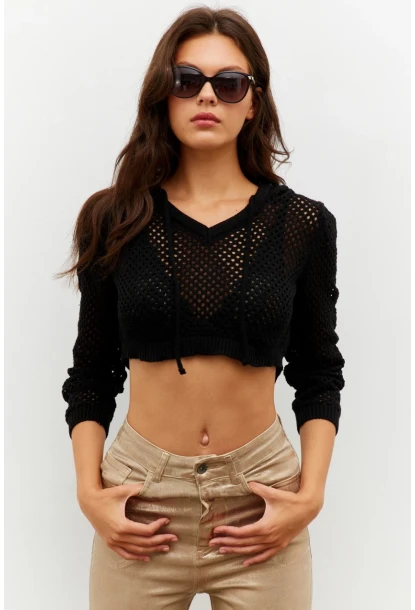 Kadın Siyah Kapüşonlu File Kısa Bluz YV153