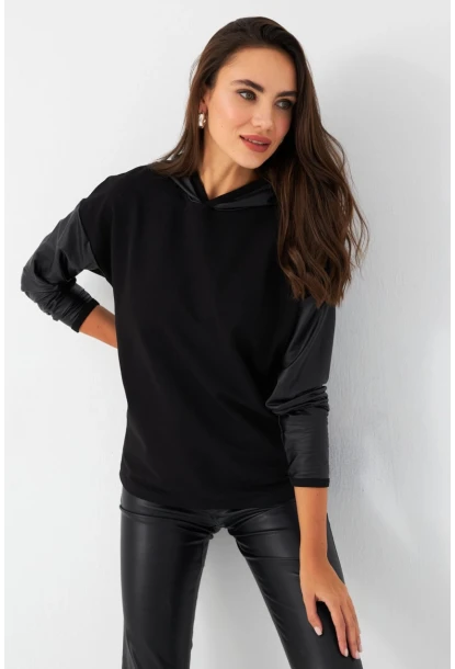 Kadın Siyah Kapüşonlu Sıvama Detaylı Sweatshirt MTF37