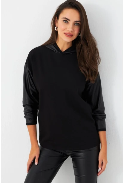 Kadın Siyah Kapüşonlu Sıvama Detaylı Sweatshirt TF37