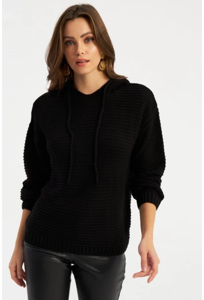 Kadın Siyah Kapüşonlu Triko Bluz SMT2419