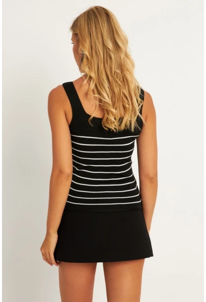 Kadın Siyah Kare Yaka Çizgili Triko Bluz KAZ15