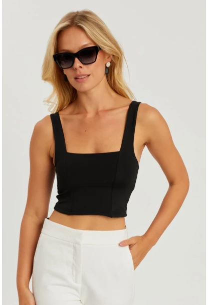 Kadın Siyah Kare Yaka Crop Bluz CG348