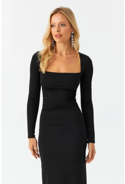 Kadın Siyah Kare Yaka Drepeli Midi Elbise B6009