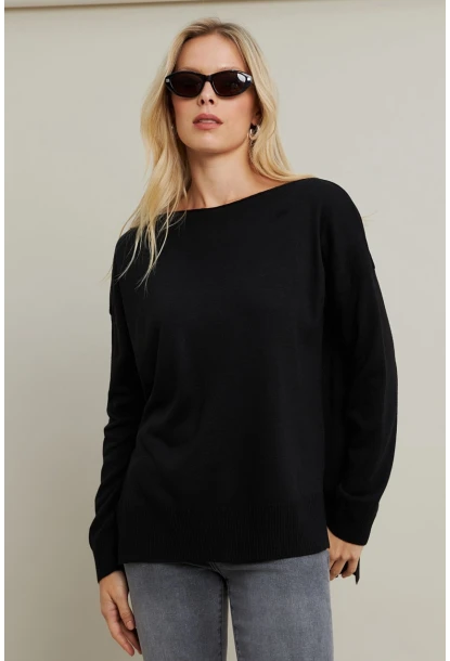 Kadın Siyah Kayık Yaka Triko Bluz MYİL561