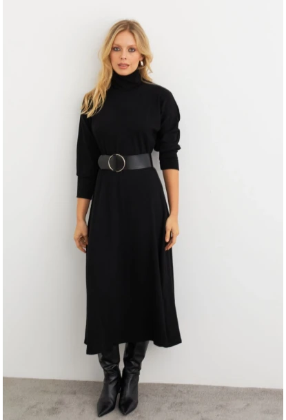 Kadın Siyah Kemerli Balıkçı Yaka Elbise MKSD992