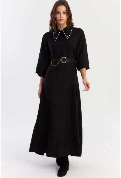Kadın Siyah Kemerli İncili Maxi Elbise ALZ341