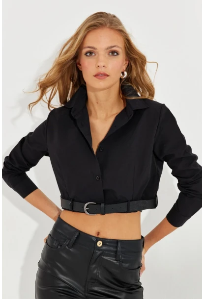 Kadın Siyah Kemerli Kısa Gömlek MEN2017