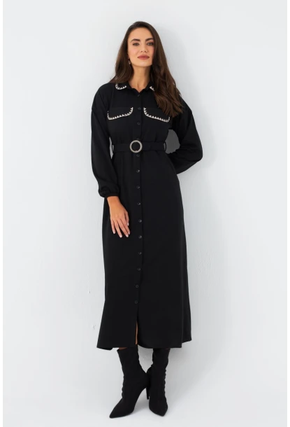 Kadın Siyah Kemerli Maxi Gömlek Elbise MASF17