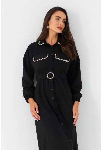 Kadın Siyah Kemerli Maxi Gömlek Elbise MASF17