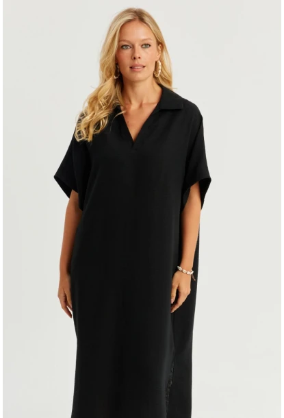 Kadın Siyah Keten Midi Elbise DMR85