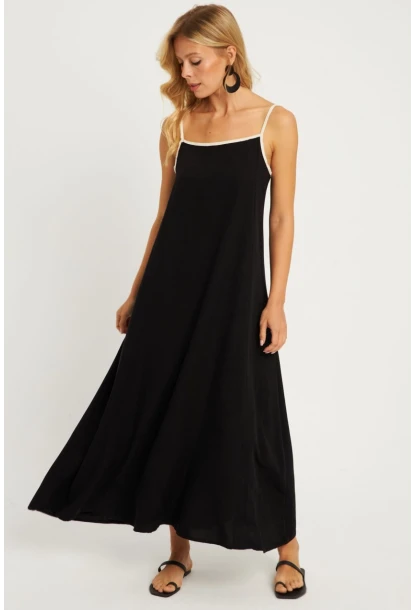 Kadın Siyah Keten Midi Elbise GÇ174