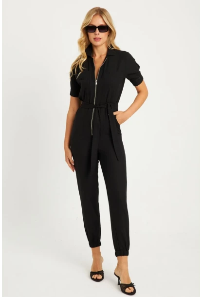 Kadın Siyah Keten Tulum YLE608