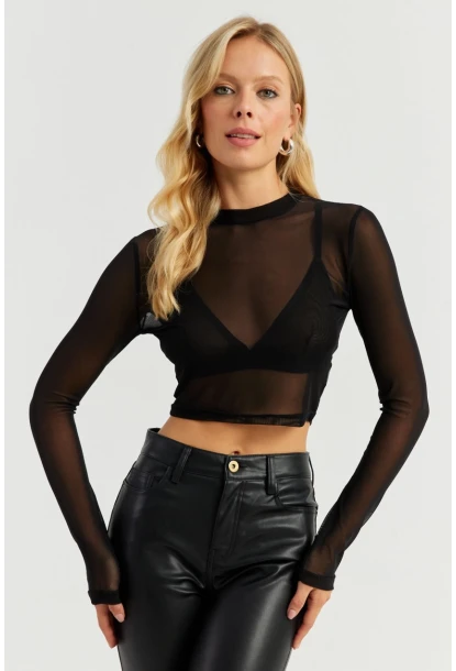 Kadın Siyah Kısa Tül Bluz MEN2027