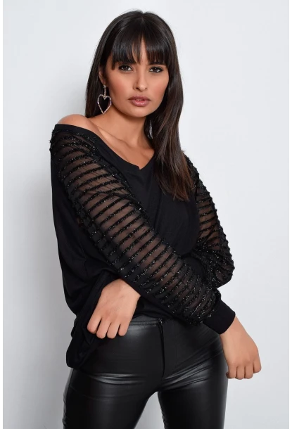 Kadın Siyah Kol Detaylı Bluz BK3027