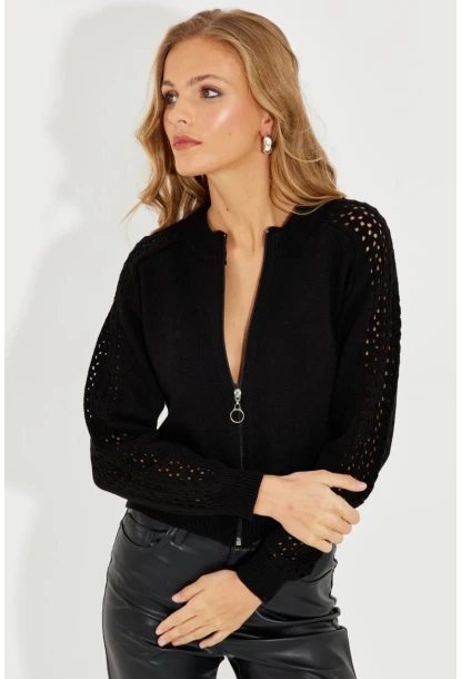 Kadın Siyah Kolları Ajurlu Fermuarlı Triko Ceket KZ2491