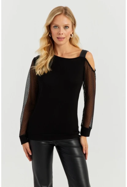 Kadın Siyah Kolları Dantel Bluz ST6022