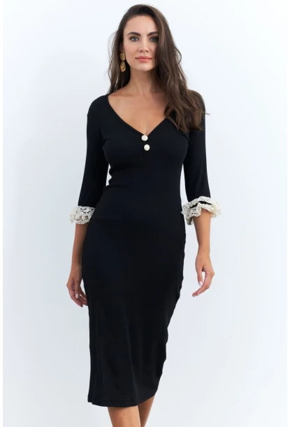 Kadın Siyah Kolları Dantel Detaylı Kaşkorse Midi Elbise EY2955