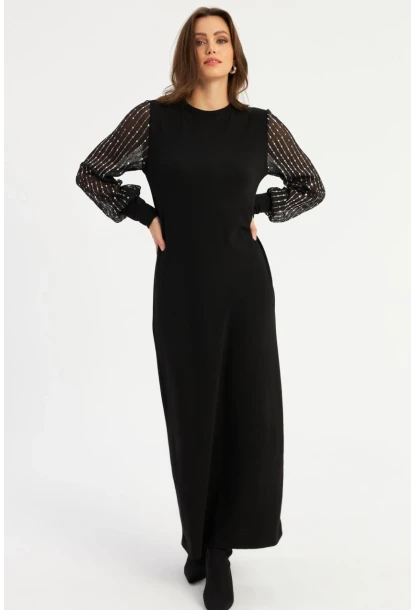 Kadın Siyah Kolları Parlak Tül Detaylı Maxi Elbise MBK56