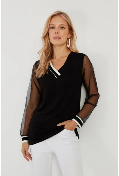 Kadın Siyah Kolları Tül Bluz ST832