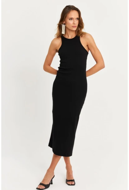 Kadın Siyah Kolsuz Kaşkorse Midi Elbise EY3049