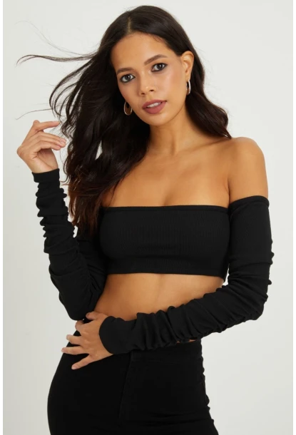 Kadın Siyah Kolu Büzgülü Crop Bluz B213