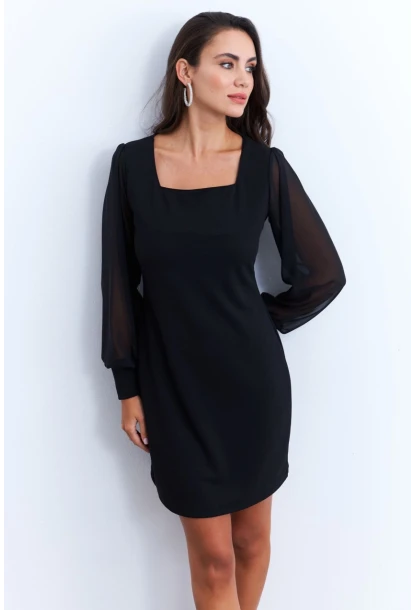 Kadın Siyah Kolu Tül Kare Yaka Midi Elbise ST841