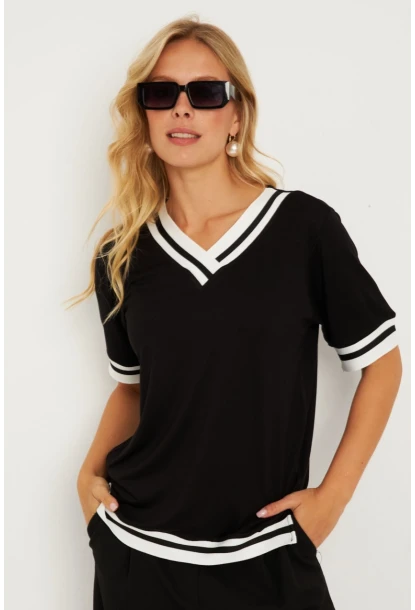 Kadın Siyah Kontrast Bluz ST836