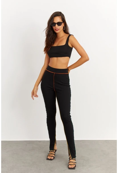 Kadın Siyah Kontrast Dikişli Kaşkorse Tayt B223