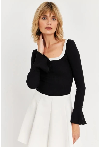 Kadın Siyah Kontrast Yaka İspanyol Kol Bluz ALB3105