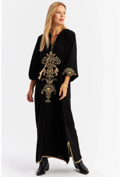 Kadın Siyah Kordon Detaylı Nakışlı Maxi Elbise MALO4