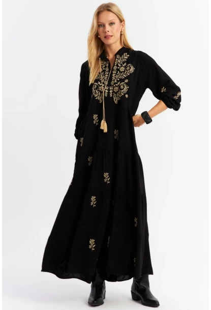 Kadın Siyah Kordon Detaylı Nakışlı Maxi Elbise MALO5