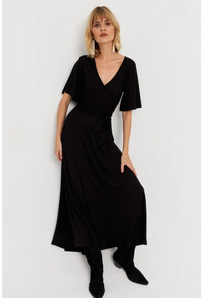 Kadın Siyah Kruvaze Bağlamalı Maxi Elbise EY3038