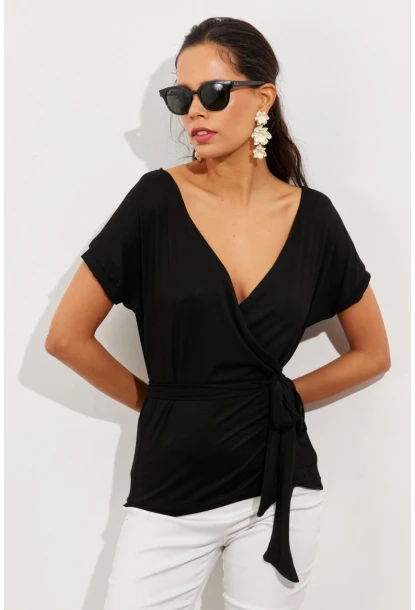 Kadın Siyah Kruvaze Bluz EY2496