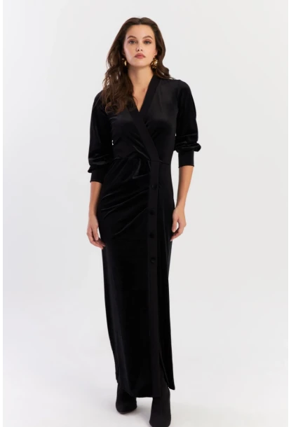 Kadın Siyah Kruvaze Büzgülü Kadife Maxi Elbise ALO1007