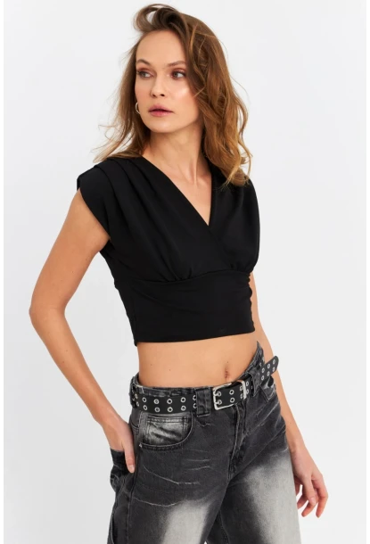 Kadın Siyah Kruvaze Crop Bluz SDY1234