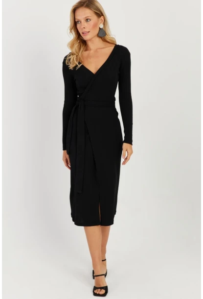 Kadın Siyah Kruvaze Kaşkorse Midi Elbise EY2703