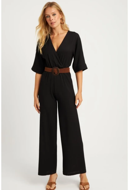 Kadın Siyah Kruvaze Kemerli Bürümcük Tulum XL2009