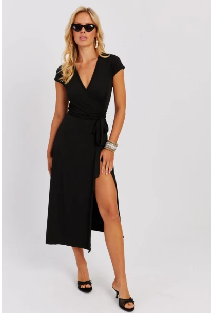 Kadın Siyah Kruvaze Midi Elbise EY2785