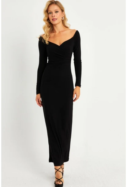 Kadın Siyah Kruvaze Midi Yılbaşı Elbise LİK04