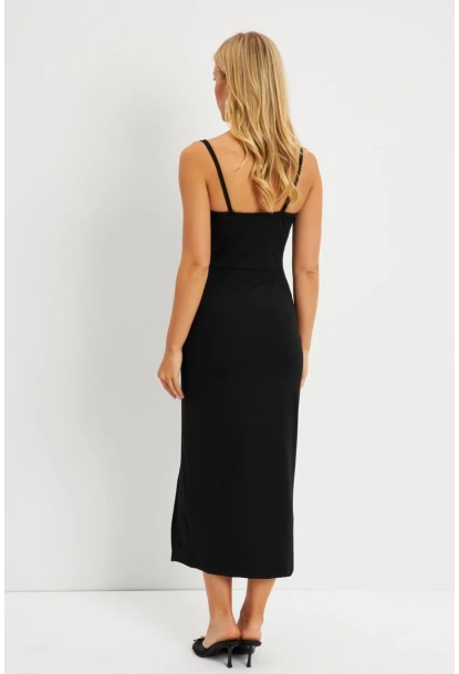 Kadın Siyah Kruvaze Yırtmaçlı Midi Elbise EY2796