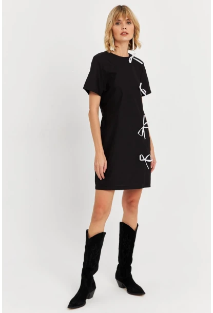 Kadın Siyah Kurdele Detaylı Mini Elbise DAF5025