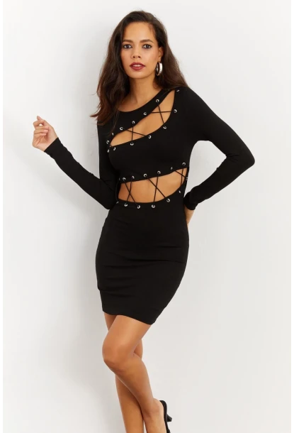 Kadın Siyah Kuşgözlü Pencereli Midi Elbise B1548