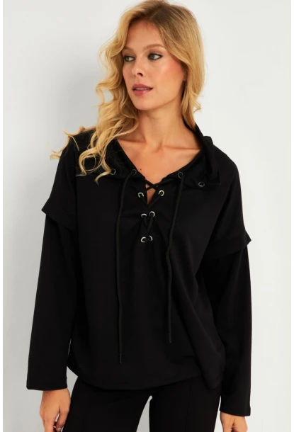 Kadın Siyah Kuşgözlü Sweatshirt TF04