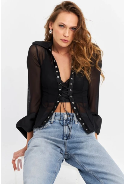 Kadın Siyah Kuşgözlü Tül Gömlek YEL221539