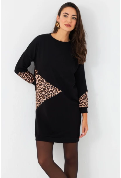 Kadın Siyah Leopar Desenli Mini Sweat Elbise ST145