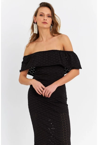 Kadın Siyah Madonna Yaka Astarlı Midi Elbise LİT105