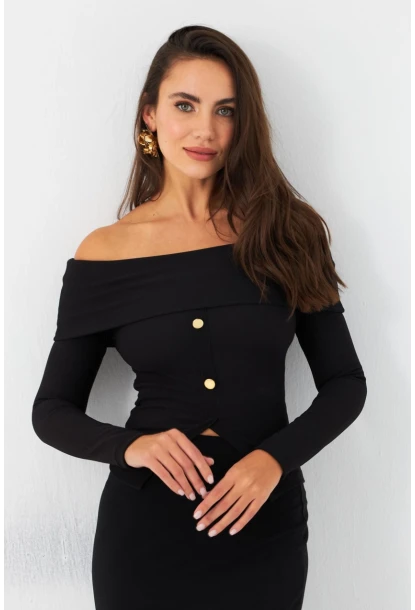 Kadın Siyah Madonna Yaka Bluz RLO77