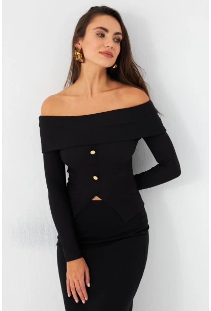 Kadın Siyah Madonna Yaka Bluz RLO77