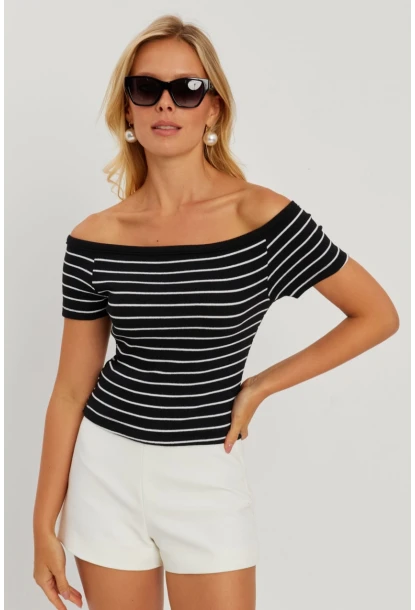 Kadın Siyah Madonna Yaka Çizgili Kaşkorse Bluz AYD311